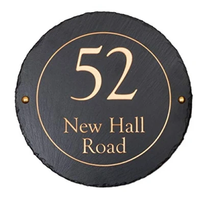 Image of Signs &amp; Numbers, Slate House Signs, Make Your Home or Office Special, Hand Engraved and Painted Rustic Slate, Round Sign Personalised with Address, 30 Centimetre Diameter