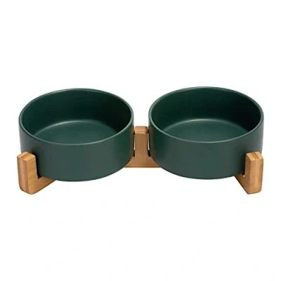 Image of SPUNKYJUNKY Ceramic Double Dog Bowl with Bamboo Stand for Cats and Dogs (400ml, green x 2)