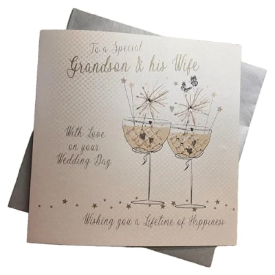 Image of WHITE COTTON CARDS Large Champagne Flutes to a Special Grandson &amp; His Wife Day Handmade Wedding Card, XBD83