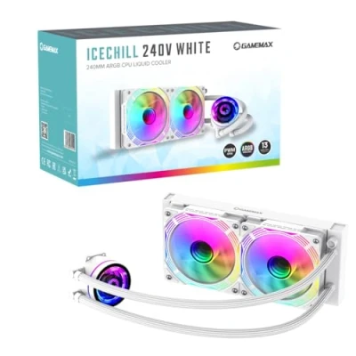 Image of GameMax Ice Chill 240V ARGB CPU Liquid Cooler, AIO Cooler 240mm Water For Intel &amp; AMD, 2 x 120mm Infinity PWM Fans, 800 to 2000RPM Mirror Rotatable Cap Design White
