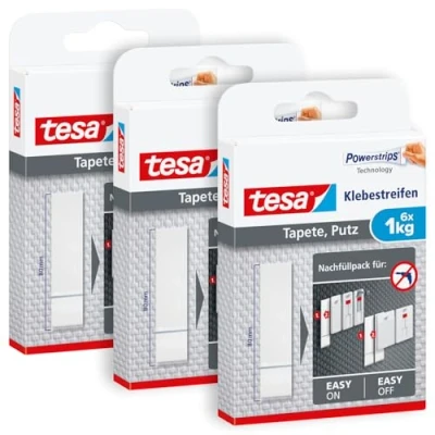 Image of tesa Adhesive Strips Wallpaper &amp; Plaster Pack of 3 for Nail and 1 kg Capacity per Strip x 6