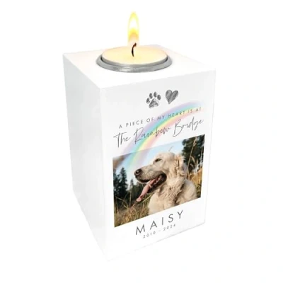 Image of Personalised Pet Memorial Rainbow Bridge Photo White Tea Light Holder Custom &amp; Message Sympathy Gift for Loss W7cm x D7cm H10cm