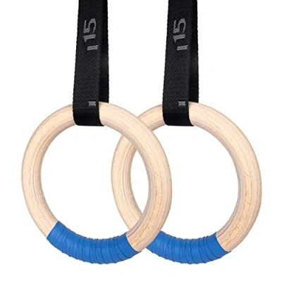 Image of Gymnastics Rings Olympic Wooden Gym 1500lbs with Adjustable Cam Buckle 14.8ft Long Straps Scale Non Slip Exercise Training for Home Full Body Workout, Wood