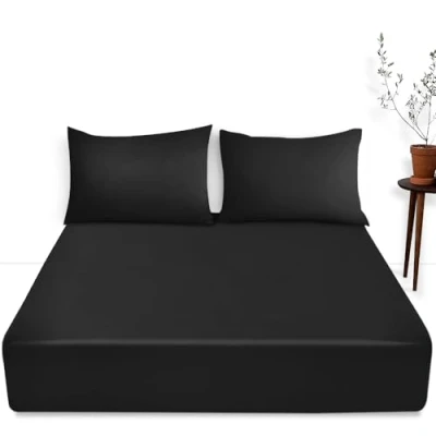 Image of King Size Deep Fitted Sheet 16&quot;/40 cm Anti Allergy Bedding Polycotton Fabric Pocket Bottom Black