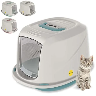 Image of Cat CENTRE Medium Blue Hooded Litter Tray Extra Deep Kittens Small Cats Toilet Enclosed Box Pan Loo Filter Flap Door Detachable Rim Rounded Corners Safe Durable Galaxy Carry Handle