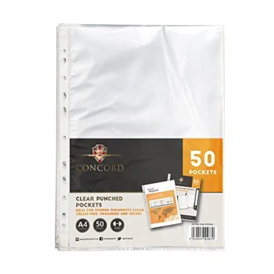 Image of Pukka Pad, Concord A4 Clear Punched Pockets Pack of 50 Heavy Duty 90 Micron Transparent Sheets for Keeping Papers Clean, Crease Free, Organised, and Secure 30.6 x 23cm