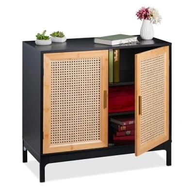 Image of Relaxdays Sideboard, 76x80x39 cm, Kitchen Storage Cabinet, 2 Rattan Design Doors, Living Room Cupboard, Organizer Unit, Fibreboard, Bamboo, Plant fibre