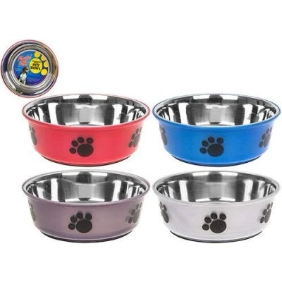 Image of 1 x 21cm PET Dog STAINLESS STEEL Food Water BOWL with PLASTIC Outer, colour selected at random!