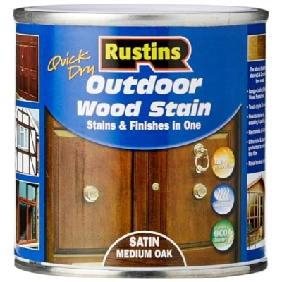 Image of Rustins Quick Dry Outdoor Wood Stain Satin Medium Oak 250ml Durable and Weather Resistant Finish, Fast Drying, Vibrant Color for Decks, Fences, &amp; Furniture, Available in Many Shades