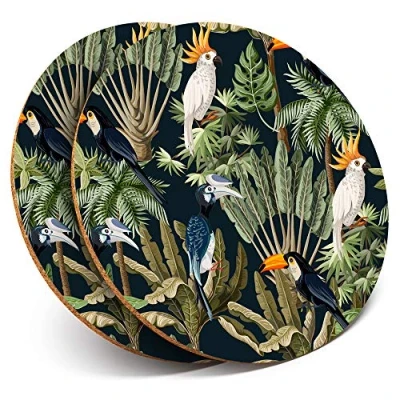 Image of 2 x Round Coasters Vintage Bird Print Parrot Cork Backed Home Kitchen Accessory Tea Coffee Mug Mat #2026