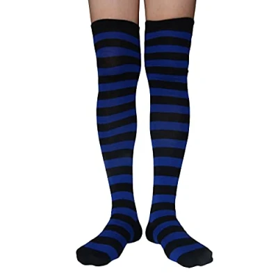 Image of Women Striped Socks Over the Knee Cotton Long Tube Stockings Blue