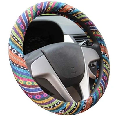 Image of Mayco Bell 2018 Ethnic Style Coarse Flax Cloth Automotive Steering Wheel Cover Anti Slip and Sweat Absorption Auto Car Wrap (D)