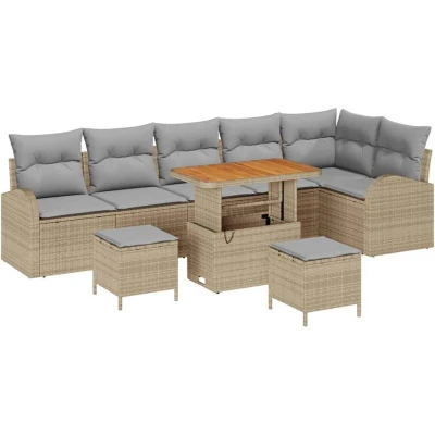Image of vidaXL 9 Piece Garden Sofa Set with Cushions Beige Poly Rattan Acacia