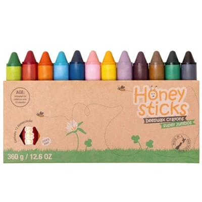 Image of Honeysticks Super Jumbo Crayons (12 Pack) 100% Pure Beeswax with Food Grade Colours, Non Toxic for Toddlers 1 3 Unbreakable, Extra Large Crayons, Easy to Hold and Use, Eco Friendly