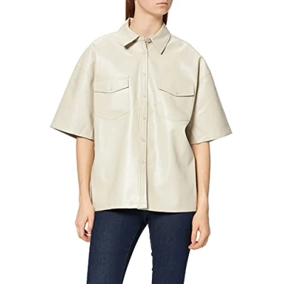 Image of NA KD Women&#039;s Oversized Short Sleeve PU Shirt, White, 6 UK
