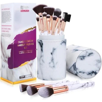Image of Makeup Brushes DUAIU Brush Set Professional 15 Piece Marble Make Up for Foundation Powder Concealers and Eyeshadow with Exquisite Bucket Gift Box White