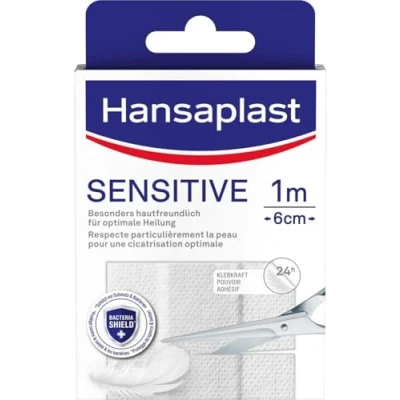 Image of Hansaplast Sensitive Plasters (1 m x 6 cm), Cut to Size and Skin Friendly Wound with Bacteria Shield &amp; Secure Adhesion, Painless Remove