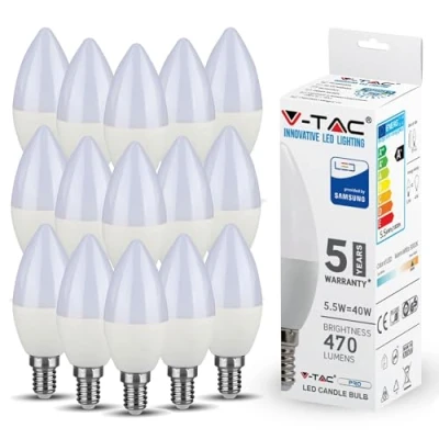 Image of V TAC E14 LED Candle Bulbs 5.5W (Equivalent to 40W) Light Edison Small Screw Bulb Samsung Chip Non Dimmable 3000K Warm White Pack of 15