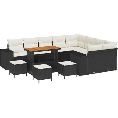 Image of vidaXL 13 Piece Garden Sofa Set with Cushions Black Poly Rattan Acacia