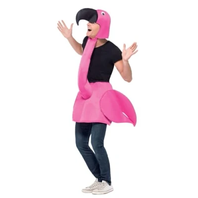 Image of Smiffys Flamingo Costume, Pink with Hooded Tabard, Party Animals Fancy Dress, Animal Dress Up Costumes