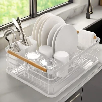 Image of Navaris Dish Drainer Rack Plate, Cutlery, Pots and Pans Drying for Kitchen with Beechwood Handles Modern Retro Design Drip Tray White
