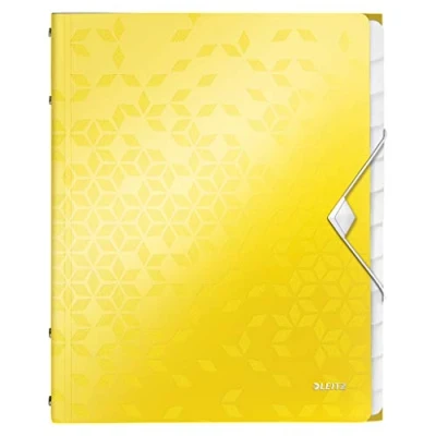 Image of Leitz A4 Divider Book, Holds Up to 200 Sheets, Integrated Index with 12 Compartments, Elastic Closure, Yellow, WOW Range, 46340016