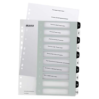 Image of Leitz WOW Printable Index, Extra Wide, 1 10 Numbered Tabs, PP, A4, White/Black