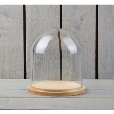 Image of EMH Mouth Blown Clear Circular Glass Dome Display Cloche With Wooden Base 16 x 15 cm