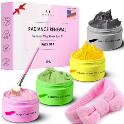 Image of Clay Mask Face Premium Pack of 4(400g) With Bonus Headband &amp; Brush Turmeric Vitamin C For Face, Green Tea, Rose, Dead Sea Mud Deep Pore Cleansing Brightening