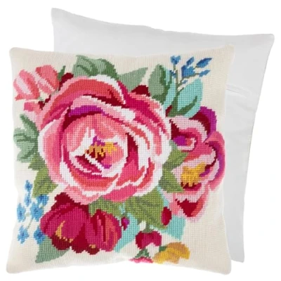 Image of Trimits Half Stitch Cross Cushion Kit, Back Included, Pre Printed Canvas, Yarn and Needle Included 40 x 40cm (15.75 15.75in), Spring Bloom