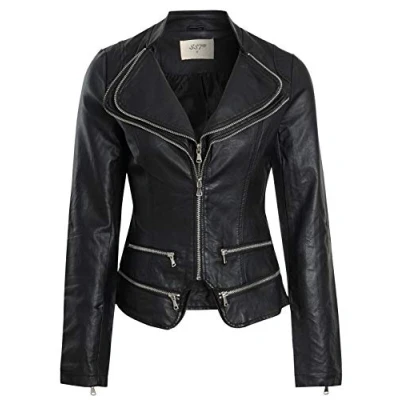 Image of SS7 Womens Faux Leather Biker Jacket Zip Collar Black