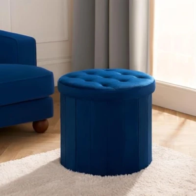 Image of OHS Round Ottoman Storage Box, Matte Velvet Upholstered Stool with Lid Space Saving Organising Box for Bedroom Living Room Footrest Hidden Storages, Teal