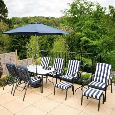 Image of Hectare 6 Seater Garden Furniture Chairs and Table Hadleigh Outdoor Patio Parasol Dining Set Navy Blue Stripe