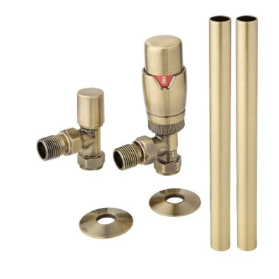 Image of Milano Brushed Gold Angled Heated Towel Rail Radiator Thermostatic Lockshield Valve Pipe Connector