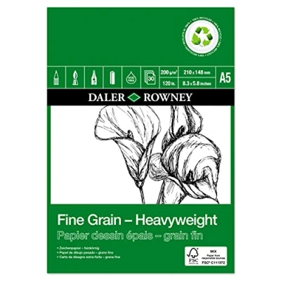 Image of Daler Rowney Fine Grain Lightly Textured 200gsm A5 Eco Friendly Drawing Paper Pad, Glued 1 Side, 30 White Heavyweight Sheets, Ideal for Professional Artists &amp; Students