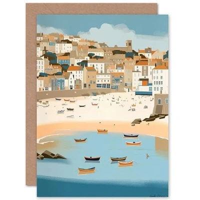 Image of Artery8 Small Boats in St Ives Bay Coastal Cityscape Travel Birthday Sealed Greeting Card Plus Envelope Blank inside