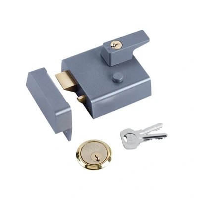 Image of Yale P 1 DMG PB 60 Double Locking Nightlatch, mm Backset, High Security, can be Locked from Inside with Key, Dark Metallic Finish/Polished Brass Cylinder