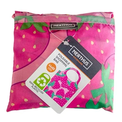 Image of NERTHUS Shopping 100 Reusable Foldable Compact and Eco Friendly Supermarket Bag 100% Recycled Plastic, Fragole, 43x43 cm