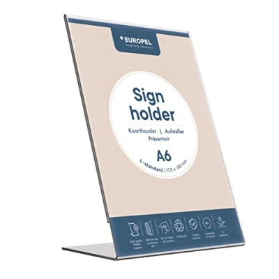 Image of EUROPEL Sign Holder, L Standard, A6 Size, Portrait Clear Acrylic Poster, Menu &amp; Leaflet Display Holder for Restaurants, Hotels, Conference Reception Free Standing Slanted Design