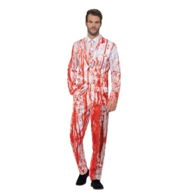 Image of Smiffys Blood Drip Suit, Red with Jacket, Trousers &amp; Tie, Stand Out Suits Fancy Dress, Serial Killer Dress Up Costumes