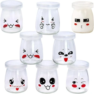 Image of AMJKEJI 8 Pcs 100ml Yogurt Pudding Bottles Clear Glass with Lids Cute Emoticon Design Mini Milk Small Empty Jars for Jam Honey