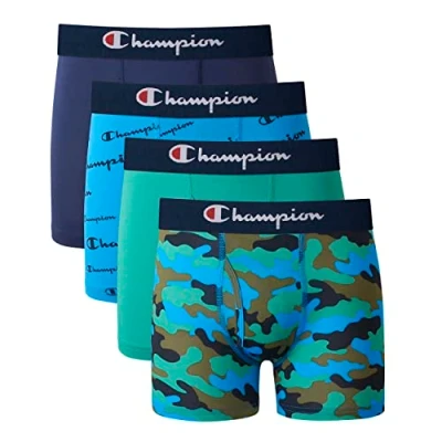 Image of Champion Boys&#039; Underwear, Everyday Active Stretch Boxer Briefs, Assorted 4 Pack, Navy/Green/Camo/Scripts, XL