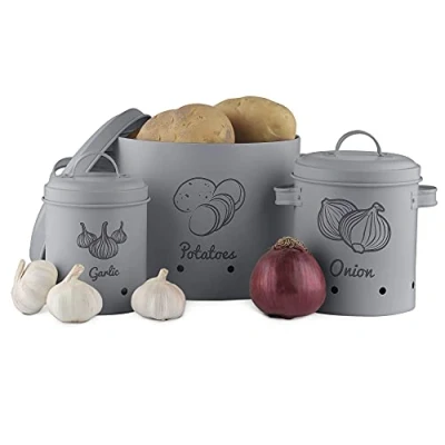 Image of Navaris Storage Tins for Potatoes, Garlic, Onion Set of 3 Metal Food Bin Container Pots with Lids Kitchen Vegetable Containers Dark Grey