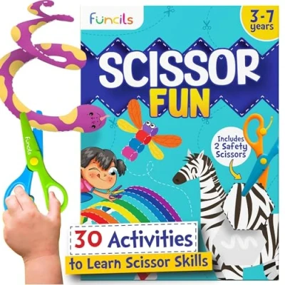 Image of Funcils Toddler Scissor Skills Art Supplies &amp; Crafts Kit for Kids, Safety Scissors, Fine Motor Toys, Stocking Stuffers, Boys Girls Ages 3, 4, 5, 6, 7 Year Old, Activity Books
