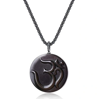 Image of COAI OM Black Obsidian Stone Prayer Pendant Necklace for Men Women 50cm