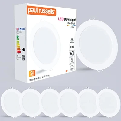 Image of paul russells LED Ceiling Downlights, 16W Slim Recessed Bathroom Kitchen Ceilings, 1600 Lumens, 6500K Bright Daylight, Cutout 145 155mm, Round Non Dimmable Panel Spotlights, 6 Packs
