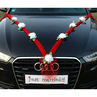 Image of Organza M Auto Schmuck Braut Paar Rose Deko Dekoration Hochzeit Car Wedding Girlande PKW (Reinweiß/Rot)