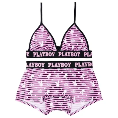Image of Playboy Women&#039;s Amazon Exclusive Juniors Ladies Print Underwear and Bra Sets in Sizes XXS XL Boy Short Panties, 2 Pack Pink Bunny on Heather, Large (Pack of 2)