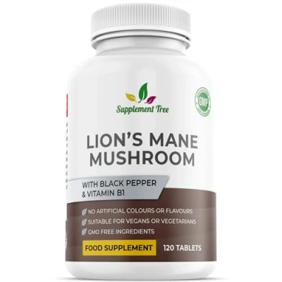Image of Lions Mane Supplement High Strength 5000mg with Vitamin B1 &amp; Black Pepper, 120 Vegan Tablets Lion&#039;s Mushroom 15:1 Extract (Not Powder or Capsules), UK Made, Non GMO, Gluten Free