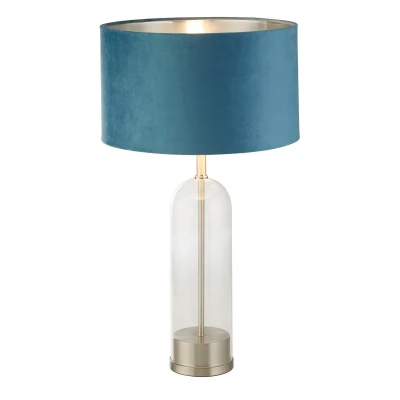 Image of Oxford Table Lamp Glass, Satin Nickel, Teal Velvet Shade